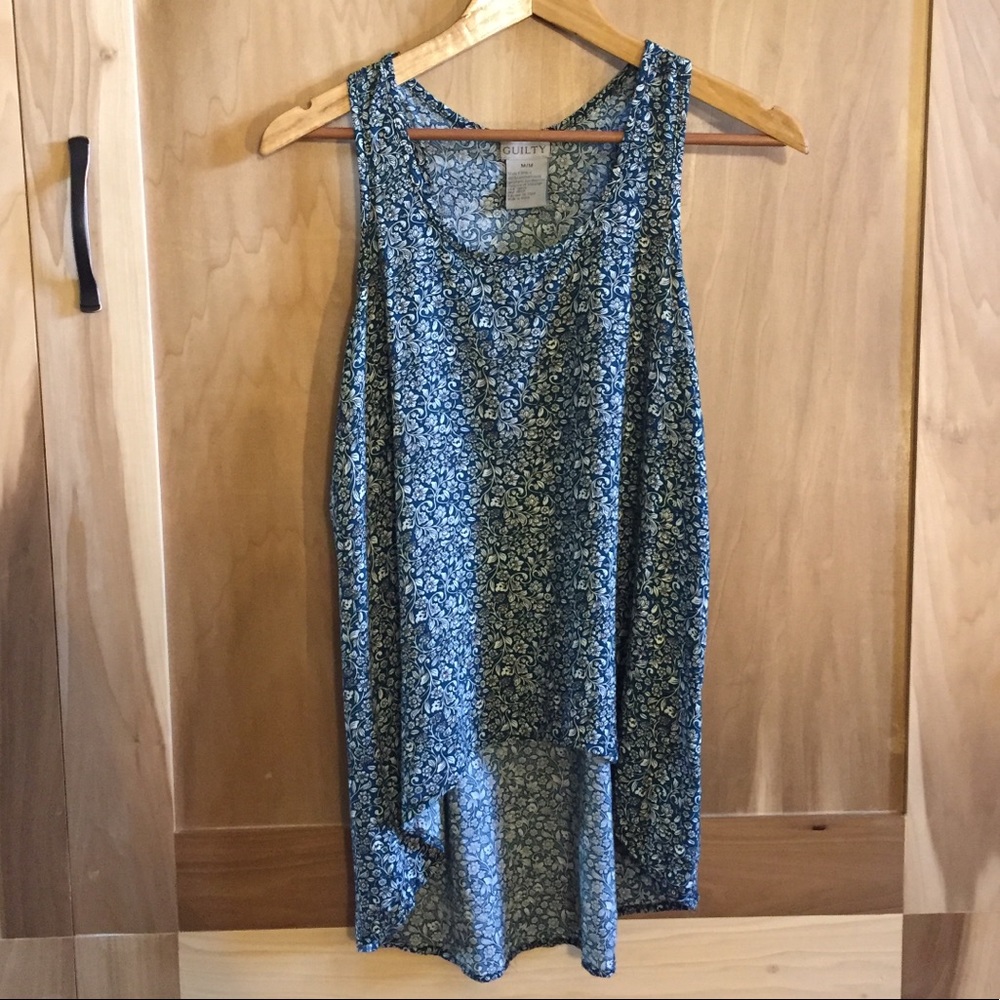 Teal and White Floral High-low Racerback Tank Top